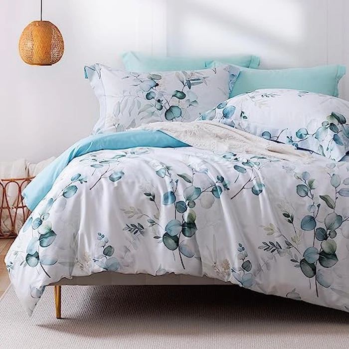 MILDLY 100% Long-Staple Cotton Duvet Cover Set Baby Blue Teal Gradient Leaf Pattern Printed Comforter Cover 3pcs, Ultra Soft & Breathable Bedding Set by MILDLY - Used - Very Good condition