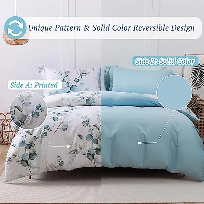 MILDLY 100% Long-Staple Cotton Duvet Cover Set Baby Blue Teal Gradient Leaf Pattern Printed Comforter Cover 3pcs, Ultra Soft & Breathable Bedding Set by MILDLY - Image 3