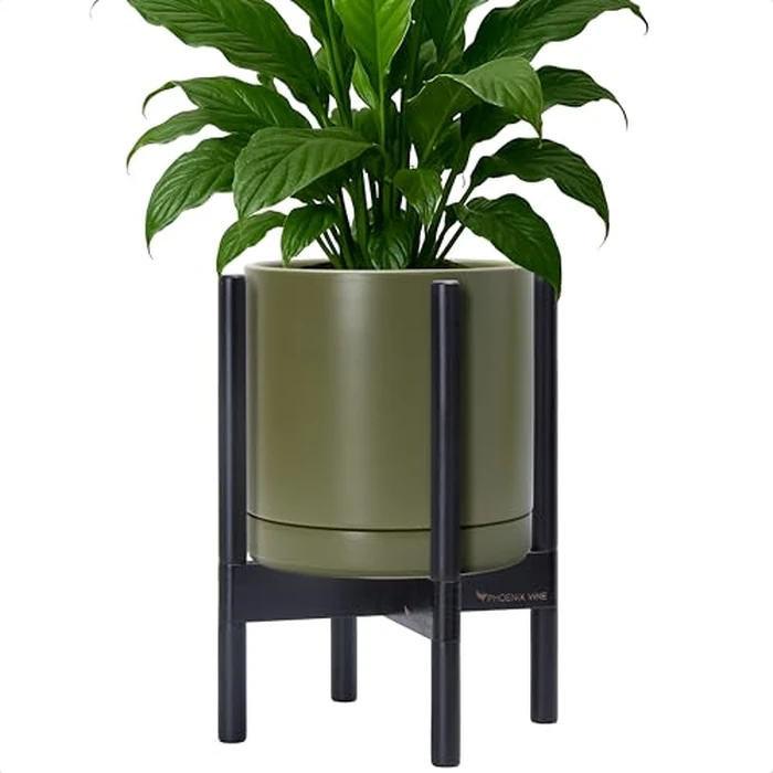 D'vine Dev Ceramic Planter with Ebony Stand - 10 Inch Modern Round Flower Pot with Wood Planter Holder, Olive, 55-B-L-J by D'vine Dev - Used - Very Good condition - US$63.98