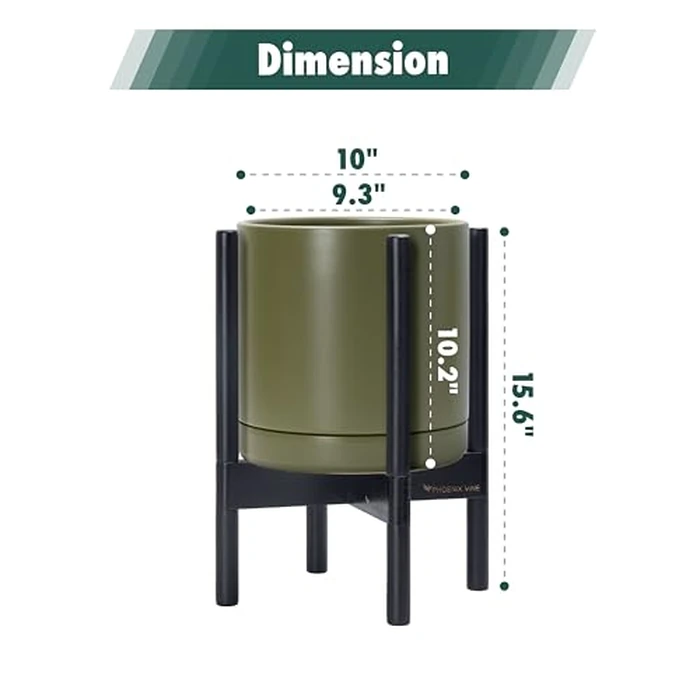 D'vine Dev Ceramic Planter with Ebony Stand - 10 Inch Modern Round Flower Pot with Wood Planter Holder, Olive, 55-B-L-J by D'vine Dev - Image 2