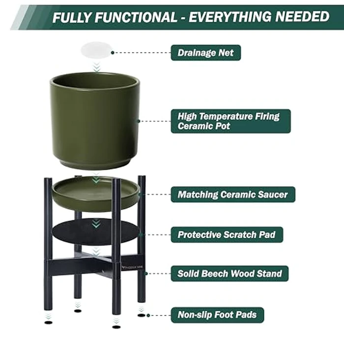 D'vine Dev Ceramic Planter with Ebony Stand - 10 Inch Modern Round Flower Pot with Wood Planter Holder, Olive, 55-B-L-J by D'vine Dev - Image 3