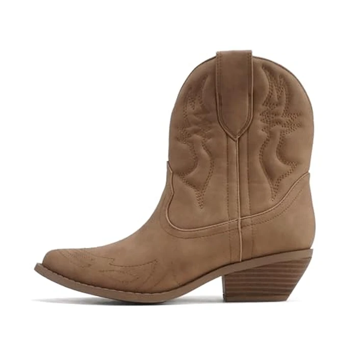Soda Women Cowgirl Cowboy Western Stitched Ankle Boots Pointed Toe Short Booties Rigging-S (Taupe Nubuck, 5.5) by Soda - Image 1