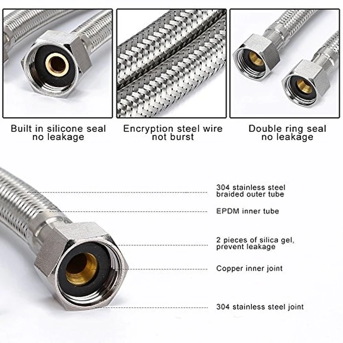 Vataler Faucet Line Connector Braided 304 Stainless Steel Supply Hose 1/2" I.P. Female Thread to 1/2" I.P. Female Straight Thread Faucet Hose Replacement (One Pair) by Vataler - Image 2
