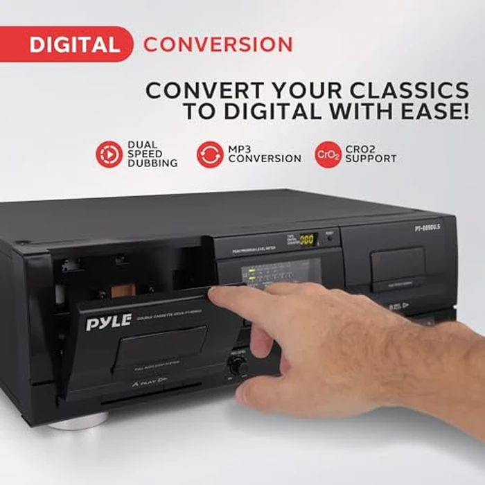 PyleUsa Dual Stereo Cassette Tape Deck-Double Cassette Recorder w/ MP3 Music Converter, RCA for Recording, Dubbing, USB, Retro Design - for Standard/CrO2 Tapes, Home Use by Pyle - Image 2