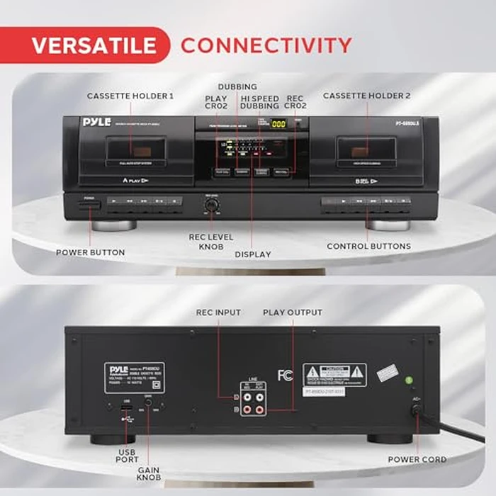 PyleUsa Dual Stereo Cassette Tape Deck-Double Cassette Recorder w/ MP3 Music Converter, RCA for Recording, Dubbing, USB, Retro Design - for Standard/CrO2 Tapes, Home Use by Pyle - Image 4