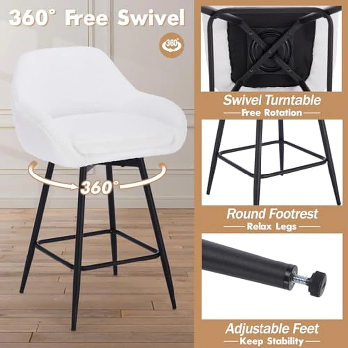 Garvee Swivel Counter Stools Set of 2, Upholstered Modern Counter Height Barstools with Low Backs & Metal Legs for Kitchen, Island, Apartment, Bar - White by Garvee - Image 3