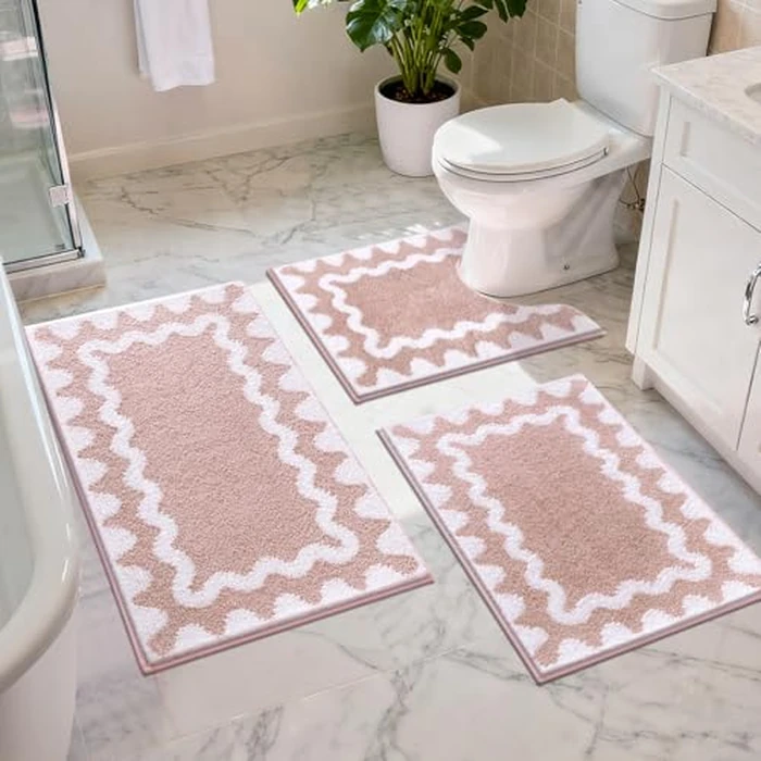 Findosom Bathroom Rugs Sets 3 Piece, Absorbent Soft Non-Slip Washable Microfiber Shaggy Bath Mat Set with Door Mat, U-Shaped Toilet Rugs, Shower Rug, Pink-White by Findosom - Used - Like New condition - CA$41.46
