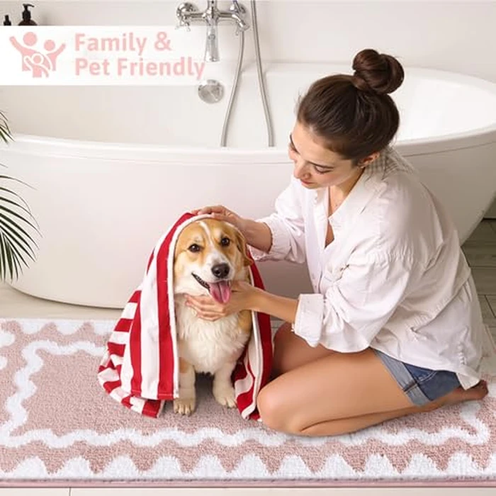 Findosom Bathroom Rugs Sets 3 Piece, Absorbent Soft Non-Slip Washable Microfiber Shaggy Bath Mat Set with Door Mat, U-Shaped Toilet Rugs, Shower Rug, Pink-White by Findosom - Image 3