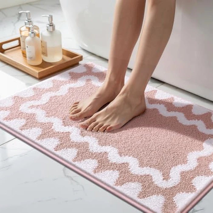 Findosom Bathroom Rugs Sets 3 Piece, Absorbent Soft Non-Slip Washable Microfiber Shaggy Bath Mat Set with Door Mat, U-Shaped Toilet Rugs, Shower Rug, Pink-White by Findosom - Image 5