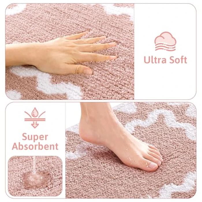 Findosom Bathroom Rugs Sets 3 Piece, Absorbent Soft Non-Slip Washable Microfiber Shaggy Bath Mat Set with Door Mat, U-Shaped Toilet Rugs, Shower Rug, Pink-White by Findosom - Image 6