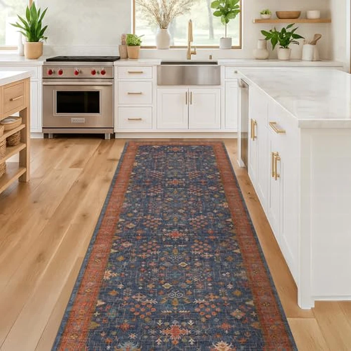 Navy Blue Washable Bathroom Runner Rug 30x96 Non Slip Long Runner Rug Washable Kitchen Runner, Laundry Room Runner, Hallway Runner - (2'6"x8' Navy Blue & Terracotta) by Hazo Haus - Image 1