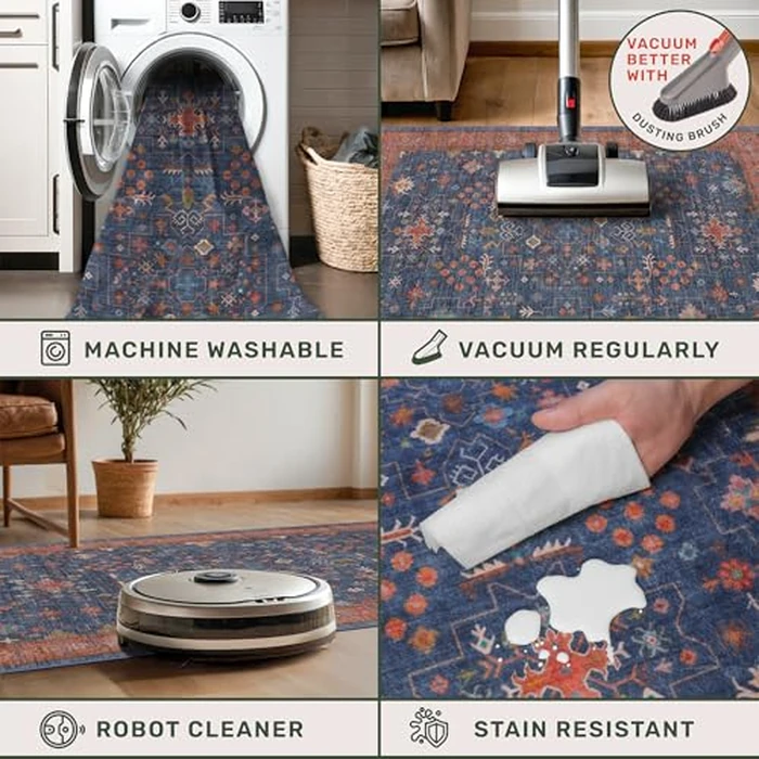 Navy Blue Washable Bathroom Runner Rug 30x96 Non Slip Long Runner Rug Washable Kitchen Runner, Laundry Room Runner, Hallway Runner - (2'6"x8' Navy Blue & Terracotta) by Hazo Haus - Image 4