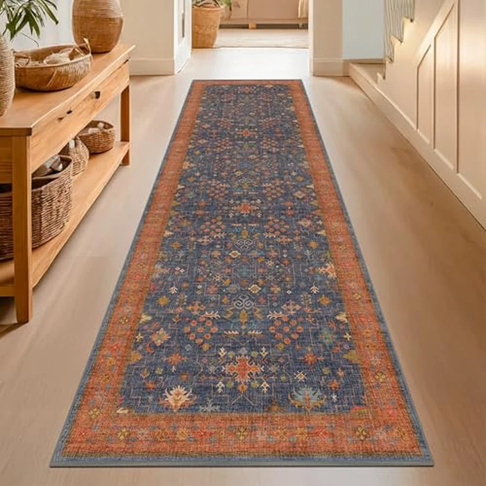 Navy Blue Washable Bathroom Runner Rug 30x96 Non Slip Long Runner Rug Washable Kitchen Runner, Laundry Room Runner, Hallway Runner - (2'6"x8' Navy Blue & Terracotta) by Hazo Haus - Image 8