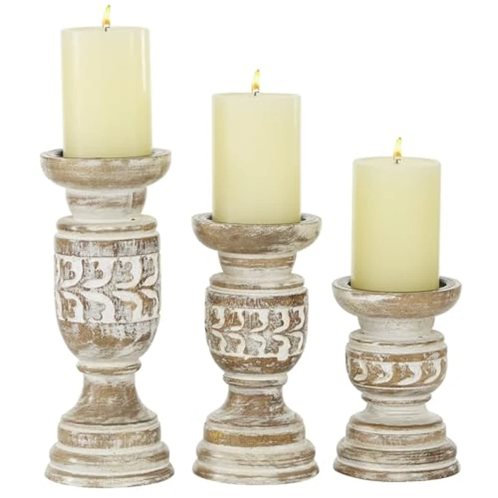 Deco 79 Wood Handmade Candle Holder with Carved Designs, Set of 3 6", 8", 10" H, Beige by Deco 79 - Image 1