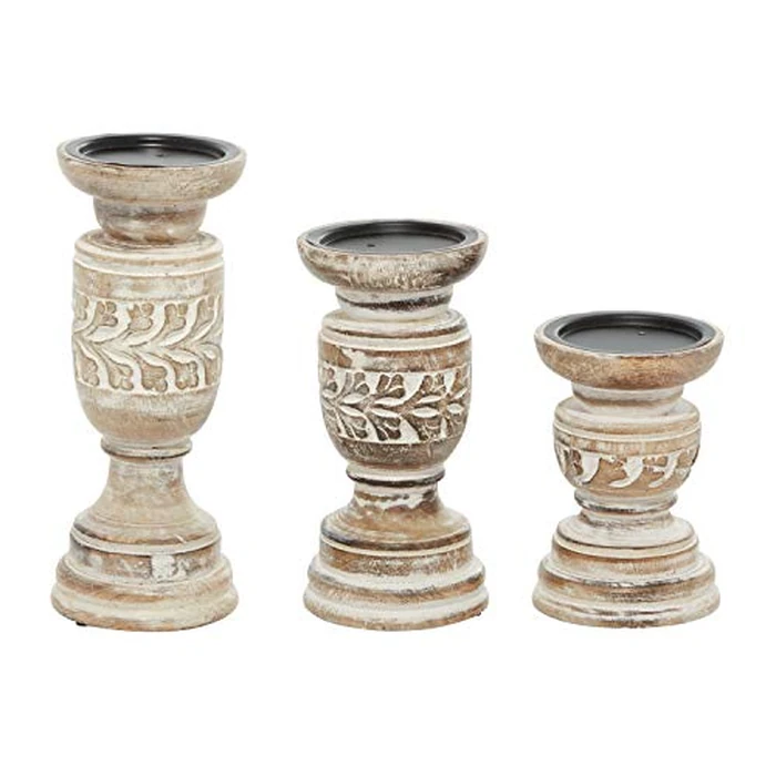 Deco 79 Wood Handmade Candle Holder with Carved Designs, Set of 3 6", 8", 10" H, Beige by Deco 79 - Image 3