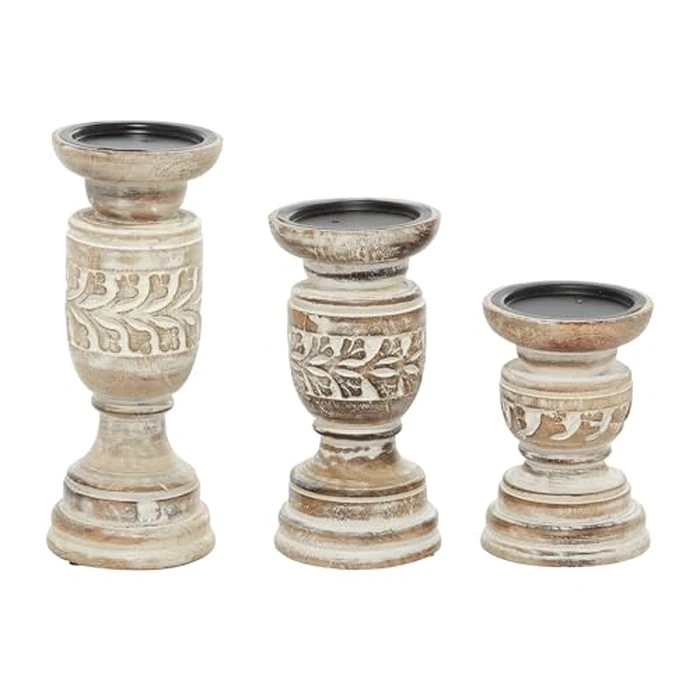 Deco 79 Wood Handmade Candle Holder with Carved Designs, Set of 3 6", 8", 10" H, Beige by Deco 79 - Image 4