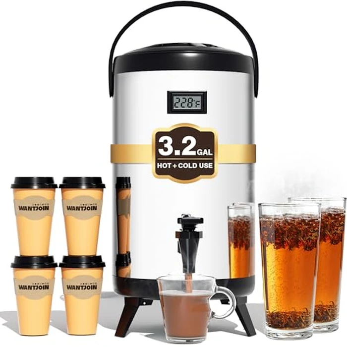 WantJoin Insulated Beverage Dispenser-75 Cup Hot&Cold water Urn for Catering-Stainless Steel Premium 12 L/3.2 Gallon Hot Drink Dispenser with Spigot for Coffee & Hot tea,Cold Milk,Water,Juice(Silver) by WantJoin - Used - Acceptable condition
