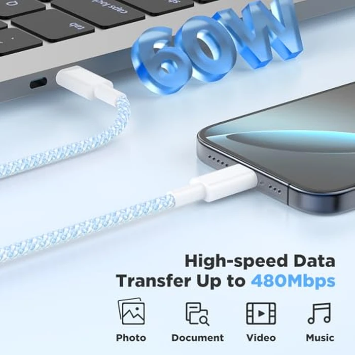 Fast Charging for iPhone 15 16 Pro Max Charger Colorful, 3Pack 20W USB C Fast Chargers Block with 6/6/10ft Long USB C to C Braided Cable Compatible with iPhone 16/15 Pro/15 Plus/iPad Pro 13/12.9,Blue by Hzevn - Image 3