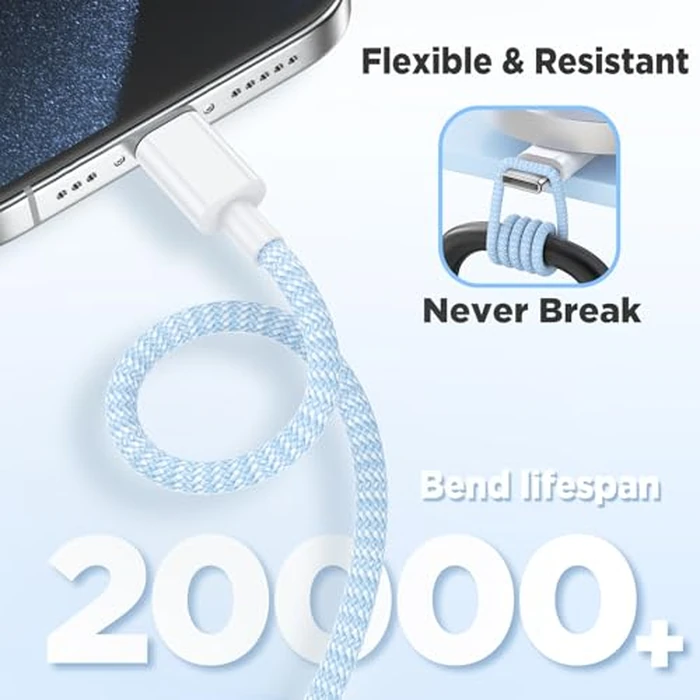 Fast Charging for iPhone 15 16 Pro Max Charger Colorful, 3Pack 20W USB C Fast Chargers Block with 6/6/10ft Long USB C to C Braided Cable Compatible with iPhone 16/15 Pro/15 Plus/iPad Pro 13/12.9,Blue by Hzevn - Image 5