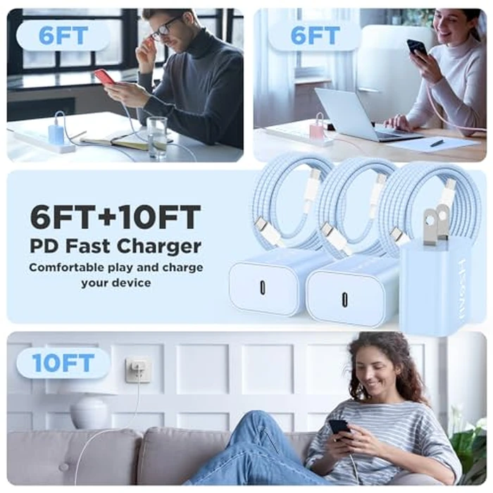 Fast Charging for iPhone 15 16 Pro Max Charger Colorful, 3Pack 20W USB C Fast Chargers Block with 6/6/10ft Long USB C to C Braided Cable Compatible with iPhone 16/15 Pro/15 Plus/iPad Pro 13/12.9,Blue by Hzevn - Image 6