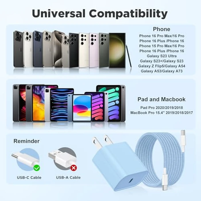 Fast Charging for iPhone 15 16 Pro Max Charger Colorful, 3Pack 20W USB C Fast Chargers Block with 6/6/10ft Long USB C to C Braided Cable Compatible with iPhone 16/15 Pro/15 Plus/iPad Pro 13/12.9,Blue by Hzevn - Image 7