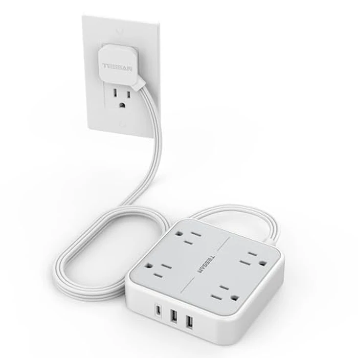 TESSAN Surge Protector Flat Extension Cord 5Ft, Flat Plug Power Strip with 4 Outlets 3 USB Ports (1 USB C), 900 Joules Protection, Multiple Wall Outlet Extender Suitable for Home Office Dorm, Grey by TESSAN - Image 1