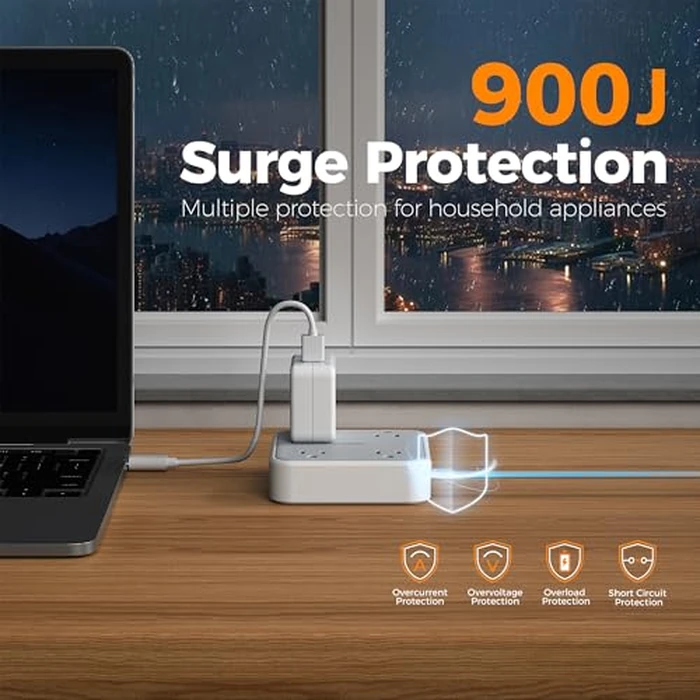TESSAN Surge Protector Flat Extension Cord 5Ft, Flat Plug Power Strip with 4 Outlets 3 USB Ports (1 USB C), 900 Joules Protection, Multiple Wall Outlet Extender Suitable for Home Office Dorm, Grey by TESSAN - Image 2
