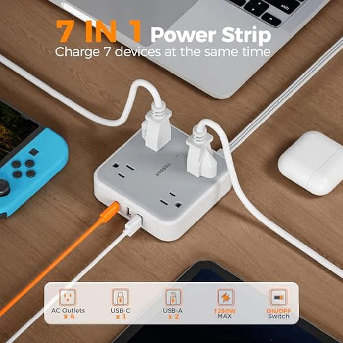 TESSAN Surge Protector Flat Extension Cord 5Ft, Flat Plug Power Strip with 4 Outlets 3 USB Ports (1 USB C), 900 Joules Protection, Multiple Wall Outlet Extender Suitable for Home Office Dorm, Grey by TESSAN - Image 4