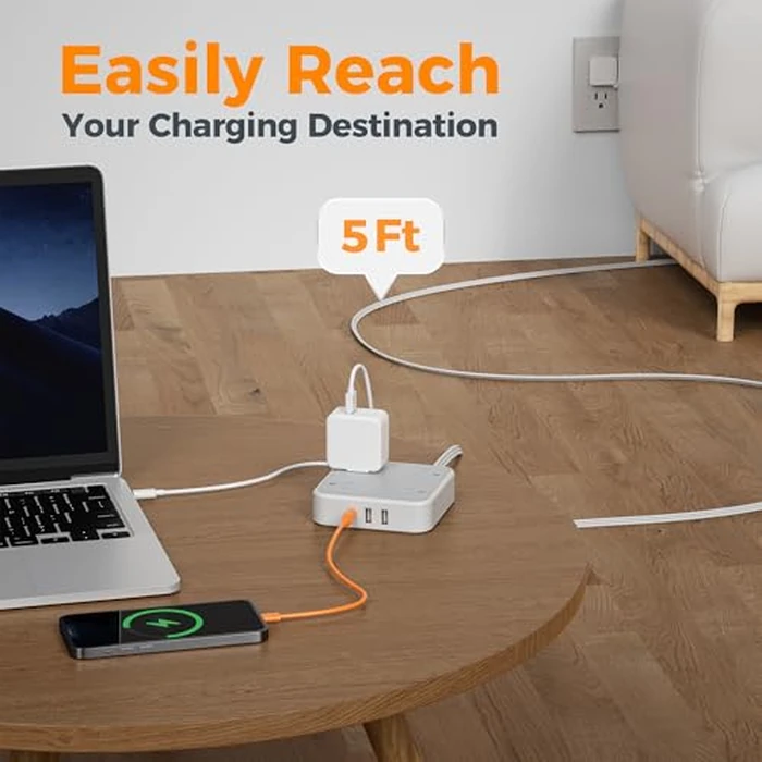 TESSAN Surge Protector Flat Extension Cord 5Ft, Flat Plug Power Strip with 4 Outlets 3 USB Ports (1 USB C), 900 Joules Protection, Multiple Wall Outlet Extender Suitable for Home Office Dorm, Grey by TESSAN - Image 5