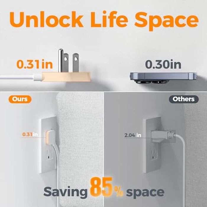 TESSAN Surge Protector Flat Extension Cord 5Ft, Flat Plug Power Strip with 4 Outlets 3 USB Ports (1 USB C), 900 Joules Protection, Multiple Wall Outlet Extender Suitable for Home Office Dorm, Grey by TESSAN - Image 6