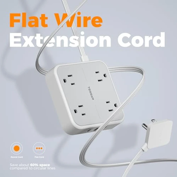 TESSAN Surge Protector Flat Extension Cord 5Ft, Flat Plug Power Strip with 4 Outlets 3 USB Ports (1 USB C), 900 Joules Protection, Multiple Wall Outlet Extender Suitable for Home Office Dorm, Grey by TESSAN - Image 7