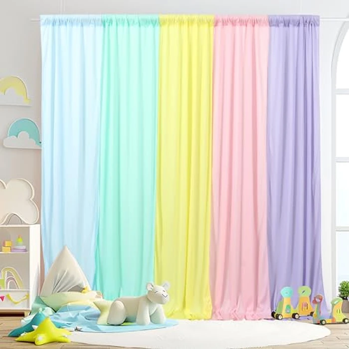 10x7FT Rainbow Backdrop Curtains for Parties - 5 Colors Pastel Drapes for Backdrop with 4 Inch Rod Pockets - Colorful Curtain Backdrop for Unicorn Birthday, Baby Shower, Rainbow Party Decorations by GALLETY - Used - Like New condition