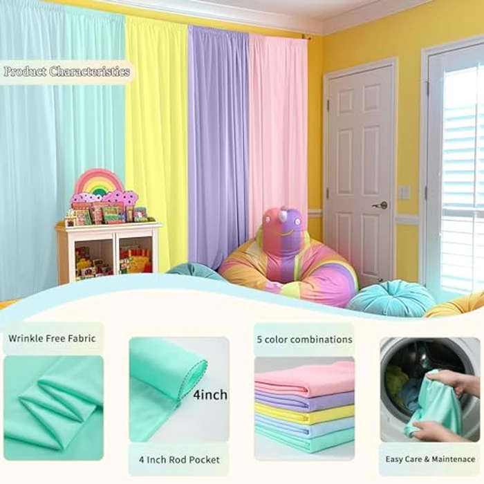 10x7FT Rainbow Backdrop Curtains for Parties - 5 Colors Pastel Drapes for Backdrop with 4 Inch Rod Pockets - Colorful Curtain Backdrop for Unicorn Birthday, Baby Shower, Rainbow Party Decorations by GALLETY - Image 3