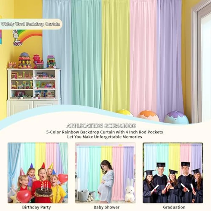 10x7FT Rainbow Backdrop Curtains for Parties - 5 Colors Pastel Drapes for Backdrop with 4 Inch Rod Pockets - Colorful Curtain Backdrop for Unicorn Birthday, Baby Shower, Rainbow Party Decorations by GALLETY - Image 4