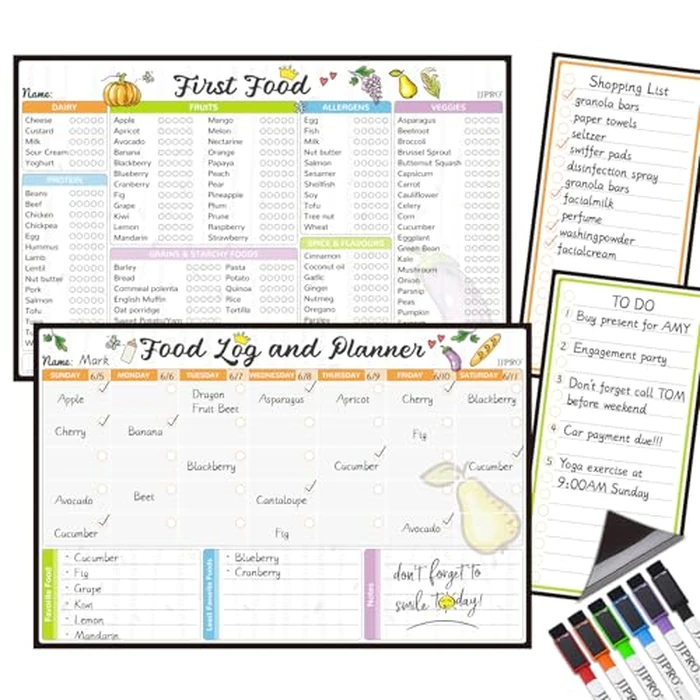 JJPRO Baby First Foods Tracker Fridge Magnet, Daily Food Log Meal Planner, 100 Foods Before 1 Checklist, Baby Daily Log Whiteboard, First Food Tracker for Refrigerator by JJPRO - Used - Acceptable condition - CA$11.33