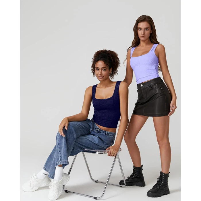 QINSEN Square Neck Tops for Women Double Layered Front See Through Lace Sleeveless Tank Navy L by QINSEN - Used - Like New condition - US$18.23