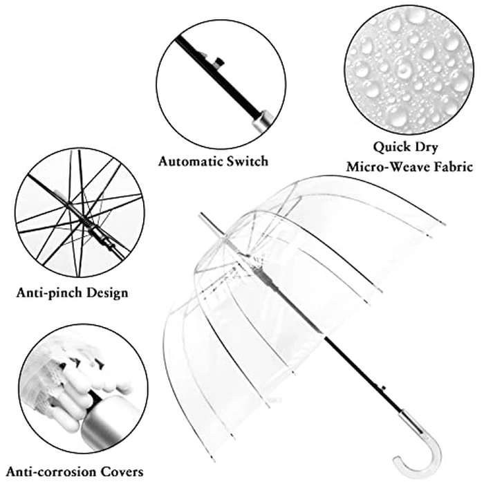 WASING 10 Pack 46 Inch Clear Bubble Umbrellas Wedding Style Crystal Handle Large Canopy Transparent Stick Umbrellas Auto Open Windproof with European J Hook Handle Outdoor Umbrella for Adult by WASING - Image 4