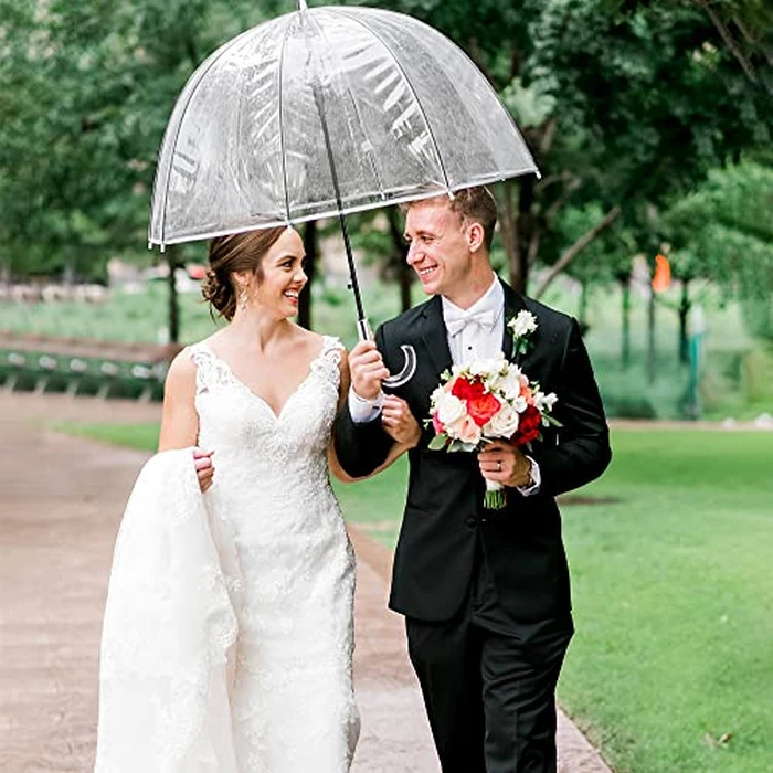 WASING 10 Pack 46 Inch Clear Bubble Umbrellas Wedding Style Crystal Handle Large Canopy Transparent Stick Umbrellas Auto Open Windproof with European J Hook Handle Outdoor Umbrella for Adult by WASING - Image 6