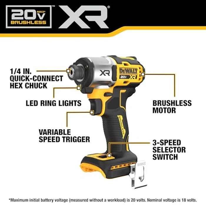 DEWALT 20V MAX XR Impact Driver, 1/4 Inch High Torque Brushless 3 Speed Premium Cordless with LED Light, Extended Runtime, Tool Only (DCF845B) by DEWALT - Image 2