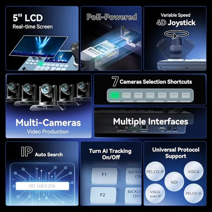 Tenveo NDI PTZ Camera Joystick Controller, 5'' LCD Screen Real-time Preview 4D Joystick Controller, NDI License Included, Support NDI PoE VISCA Pelco-D/P RJ45 For Church Live/Events/Live Streaming by Tenveo - Image 2