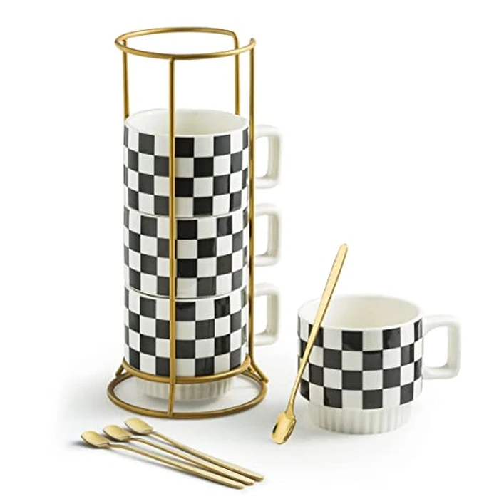 Miamolo Stackable Coffee Mug Set of 4 with Rack 11 oz Tea Cup Set with Little Spoon for Coffee Tea Cocoa Milk, Checkered Black and White Pattern Coffee Mug for Housewarming Gift by Miamolo - Used - Like New condition - US$32.63