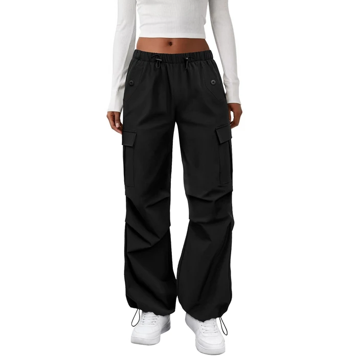 COPYLEAF Cargo Pants Women Elastic Waisted Parachute Hiking Pants with Pockets Water Resistant Lightweight Baggy Pants(Black S) by COPYLEAF - Image 1