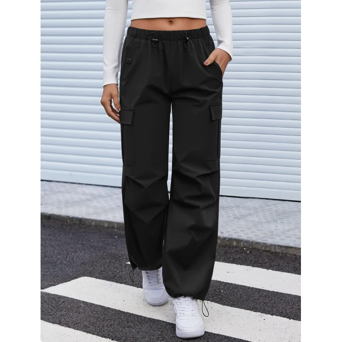 COPYLEAF Cargo Pants Women Elastic Waisted Parachute Hiking Pants with Pockets Water Resistant Lightweight Baggy Pants(Black S) by COPYLEAF - Image 2