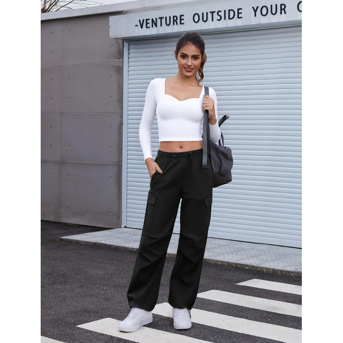 COPYLEAF Cargo Pants Women Elastic Waisted Parachute Hiking Pants with Pockets Water Resistant Lightweight Baggy Pants(Black S) by COPYLEAF - Image 3