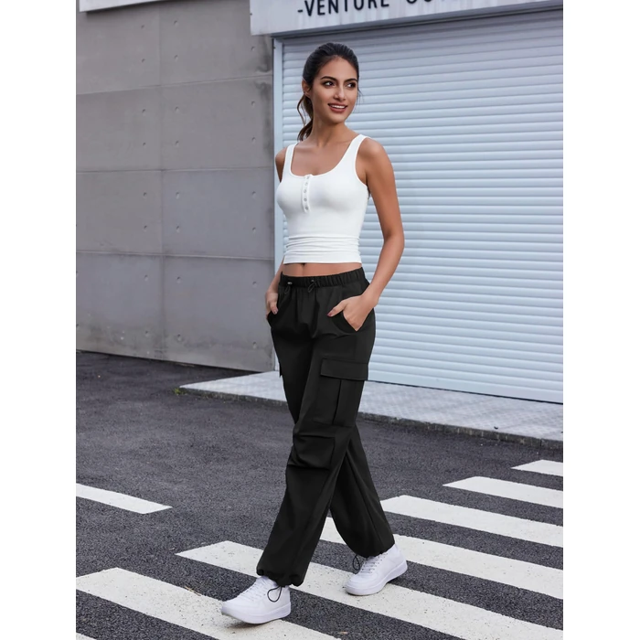 COPYLEAF Cargo Pants Women Elastic Waisted Parachute Hiking Pants with Pockets Water Resistant Lightweight Baggy Pants(Black S) by COPYLEAF - Image 4