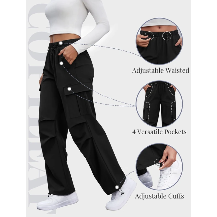 COPYLEAF Cargo Pants Women Elastic Waisted Parachute Hiking Pants with Pockets Water Resistant Lightweight Baggy Pants(Black S) by COPYLEAF - Image 5
