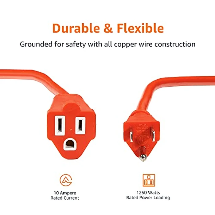 Amazon Basics 100 Foot 3-Prong Vinyl Indoor/Outdoor Extension Cord, Long Power Cord, Grounded Plug for Safety, Moisture Resistant, 10 Amps, 1250 Watts, 125 VAC, Orange by Amazon Basics - Image 3