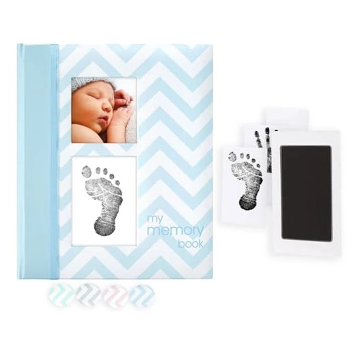Pearhead First 5 Years Chevron Baby Memory Book with Clean-Touch Baby Safe Ink Pad to Make Baby's Hand or Footprint Included, Blue by Pearhead - Used - Acceptable condition - US$14.53
