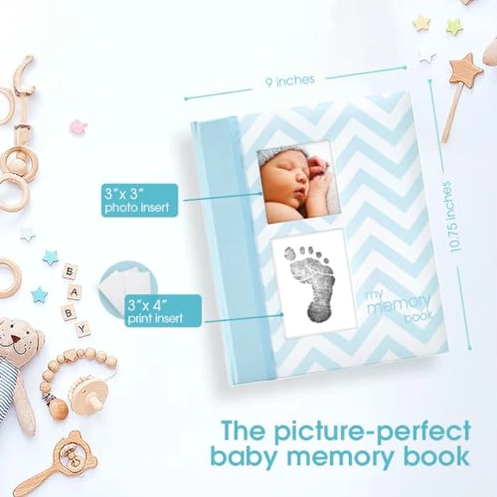 Pearhead First 5 Years Chevron Baby Memory Book with Clean-Touch Baby Safe Ink Pad to Make Baby's Hand or Footprint Included, Blue by Pearhead - Image 3