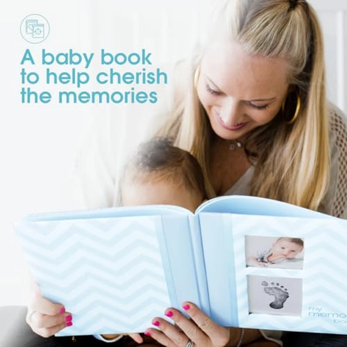 Pearhead First 5 Years Chevron Baby Memory Book with Clean-Touch Baby Safe Ink Pad to Make Baby's Hand or Footprint Included, Blue by Pearhead - Image 4